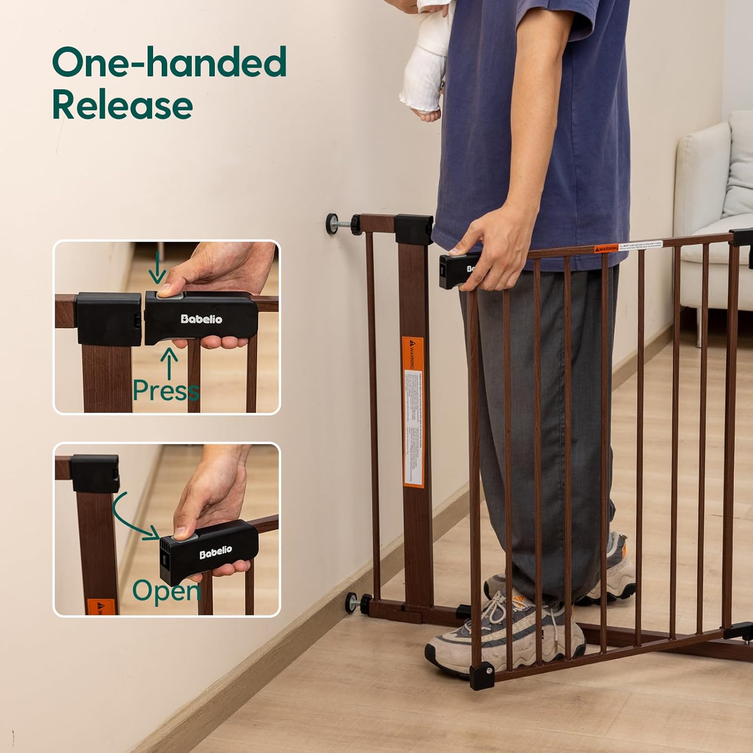 Baby Safety Gate BABELIO 29-40" Metal Baby Gate with Black Wood Pattern, Auto Close Dog Door for The House、Stairs and Doorways, Pressure Mounted Pet Barrier, with Wall Protectors and Extenders
