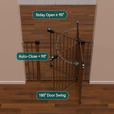 Baby Safety Gate BABELIO 29-40" Metal Baby Gate with Black Wood Pattern, Auto Close Dog Door for The House、Stairs and Doorways, Pressure Mounted Pet Barrier, with Wall Protectors and Extenders