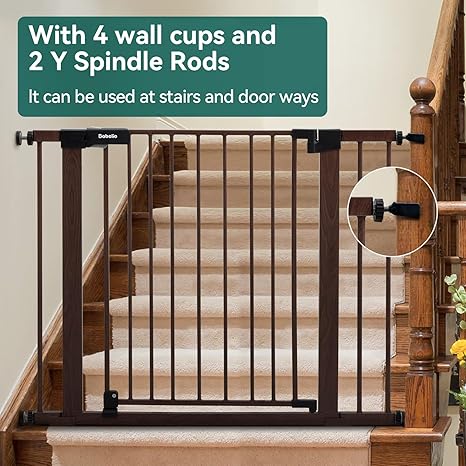 Baby Safety Gate BABELIO 29-40" Metal Baby Gate with Black Wood Pattern, Auto Close Dog Door for The House、Stairs and Doorways, Pressure Mounted Pet Barrier, with Wall Protectors and Extenders