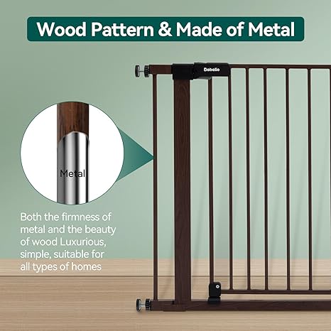 Baby Safety Gate BABELIO 29-40" Metal Baby Gate with Black Wood Pattern, Auto Close Dog Door for The House、Stairs and Doorways, Pressure Mounted Pet Barrier, with Wall Protectors and Extenders