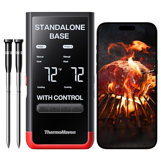 Standalone Base Thermometer Wireless Bluetooth Smart Meat Thermometer: Standalone Base, WiFi Unlimited Range, 6 Sensors with NIST Certified Accuracy, 2 Probes, for BBQ, Grill, Oven, Smoker, Rotisserie (Red