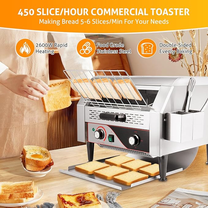 Commercial Bread Toaster WICHEMI Commercial Toaster 450 Slices/Hour Electric Conveyor Toaster for Restaurant Toaster 2600W Heavy Duty Conveyor Stainless Steel Conveyor Toaster for Bun Bagel Bread Visit the WICHEMI Store