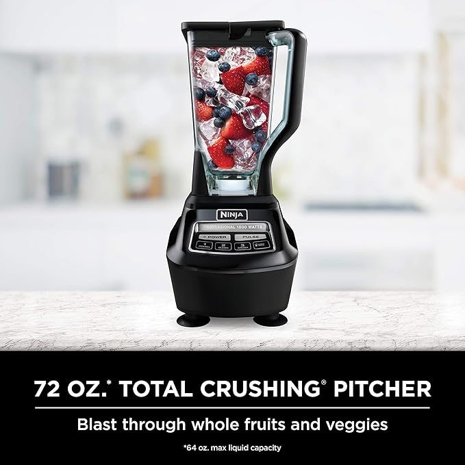 Ninja Professional Blender Drinks & More, with 72 Blender Pitcher, 64 Processor Bowl, (2) 16-oz. to-Go, Black, with 2 Nutri Cups + Lids