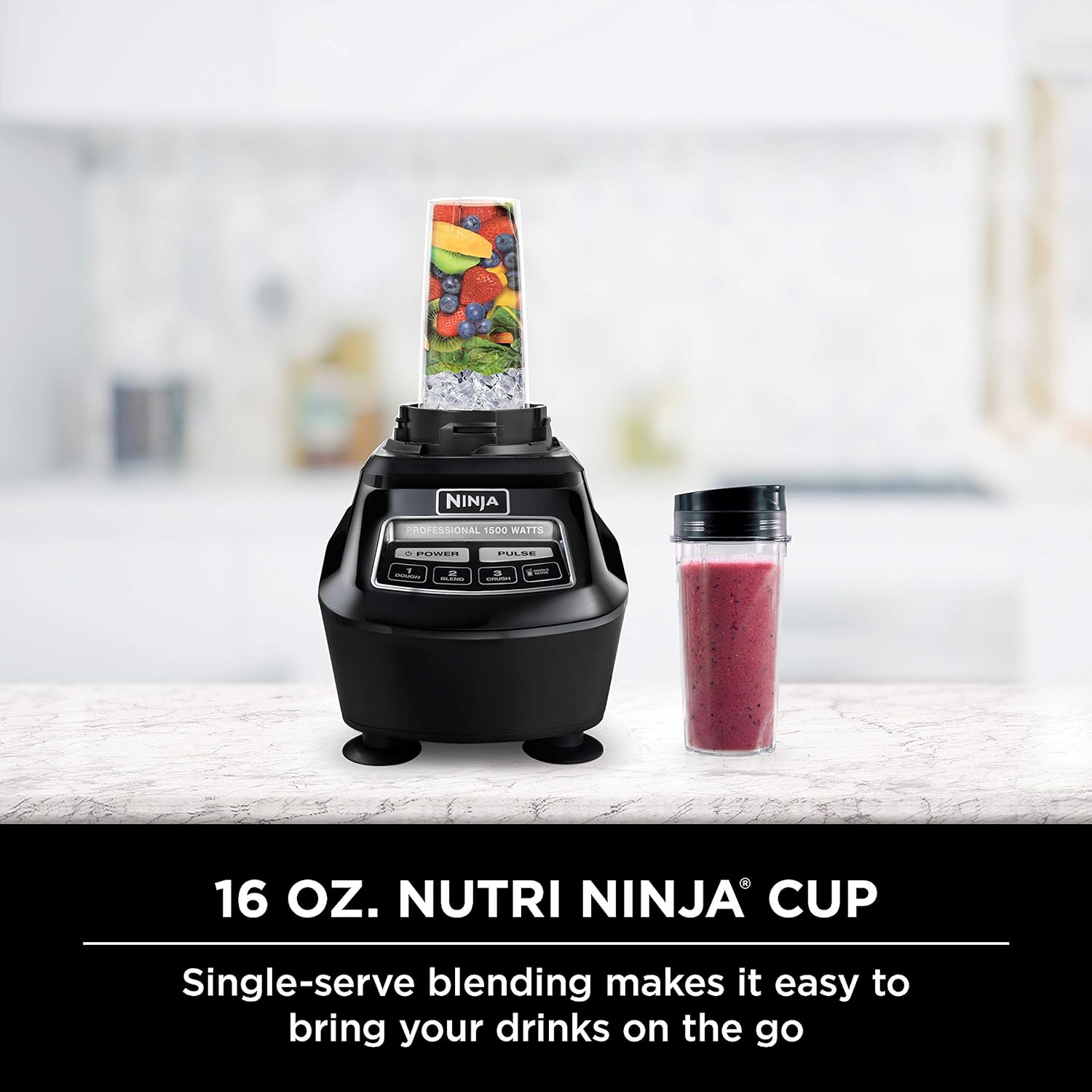 Ninja Professional Blender Drinks & More, with 72 Blender Pitcher, 64 Processor Bowl, (2) 16-oz. to-Go, Black, with 2 Nutri Cups + Lids