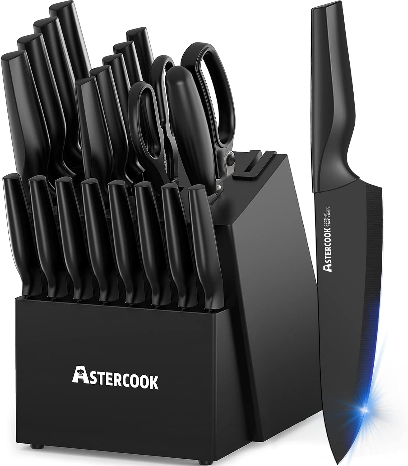 Knife Set with  back Knife Set, Astercook 21 Pieces Knife Sets for Kitchen with Block, Dishwasher Safe Kitchen Knife Set with Built-in Sharpener, German Stainless Steel Black Knife Block Set Visit the Astercook Store