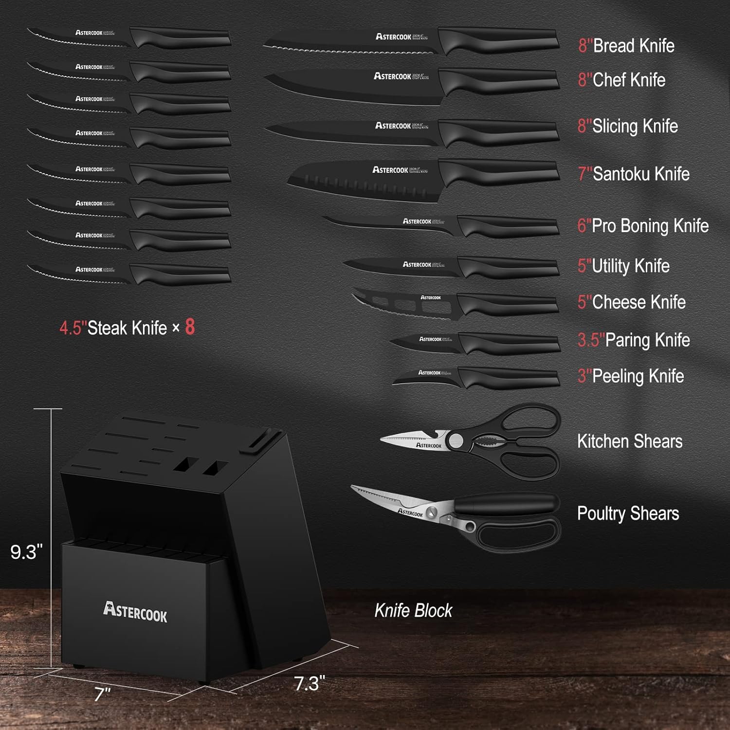 Knife Set with  back Knife Set, Astercook 21 Pieces Knife Sets for Kitchen with Block, Dishwasher Safe Kitchen Knife Set with Built-in Sharpener, German Stainless Steel Black Knife Block Set Visit the Astercook Store
