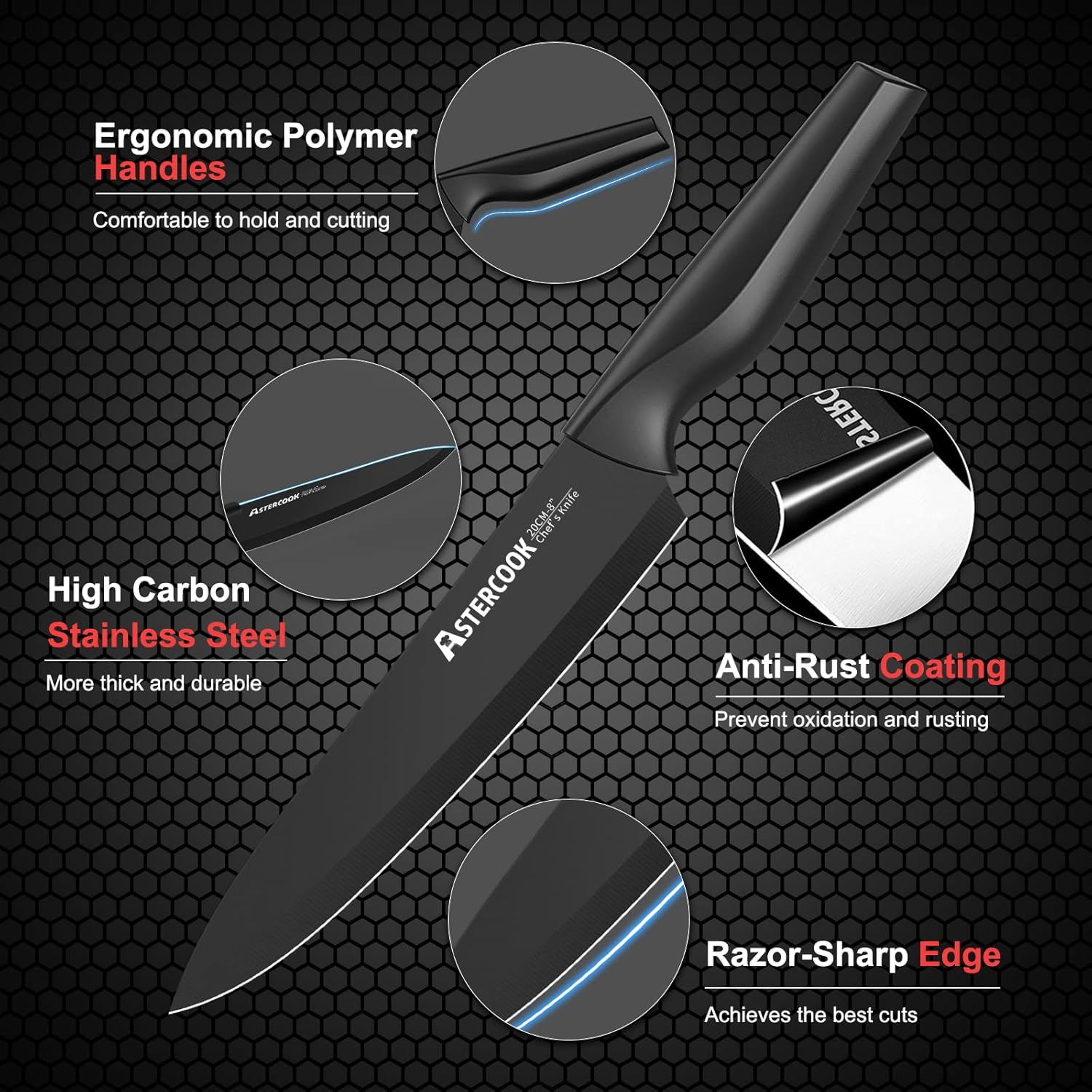 Knife Set with  back Knife Set, Astercook 21 Pieces Knife Sets for Kitchen with Block, Dishwasher Safe Kitchen Knife Set with Built-in Sharpener, German Stainless Steel Black Knife Block Set Visit the Astercook Store