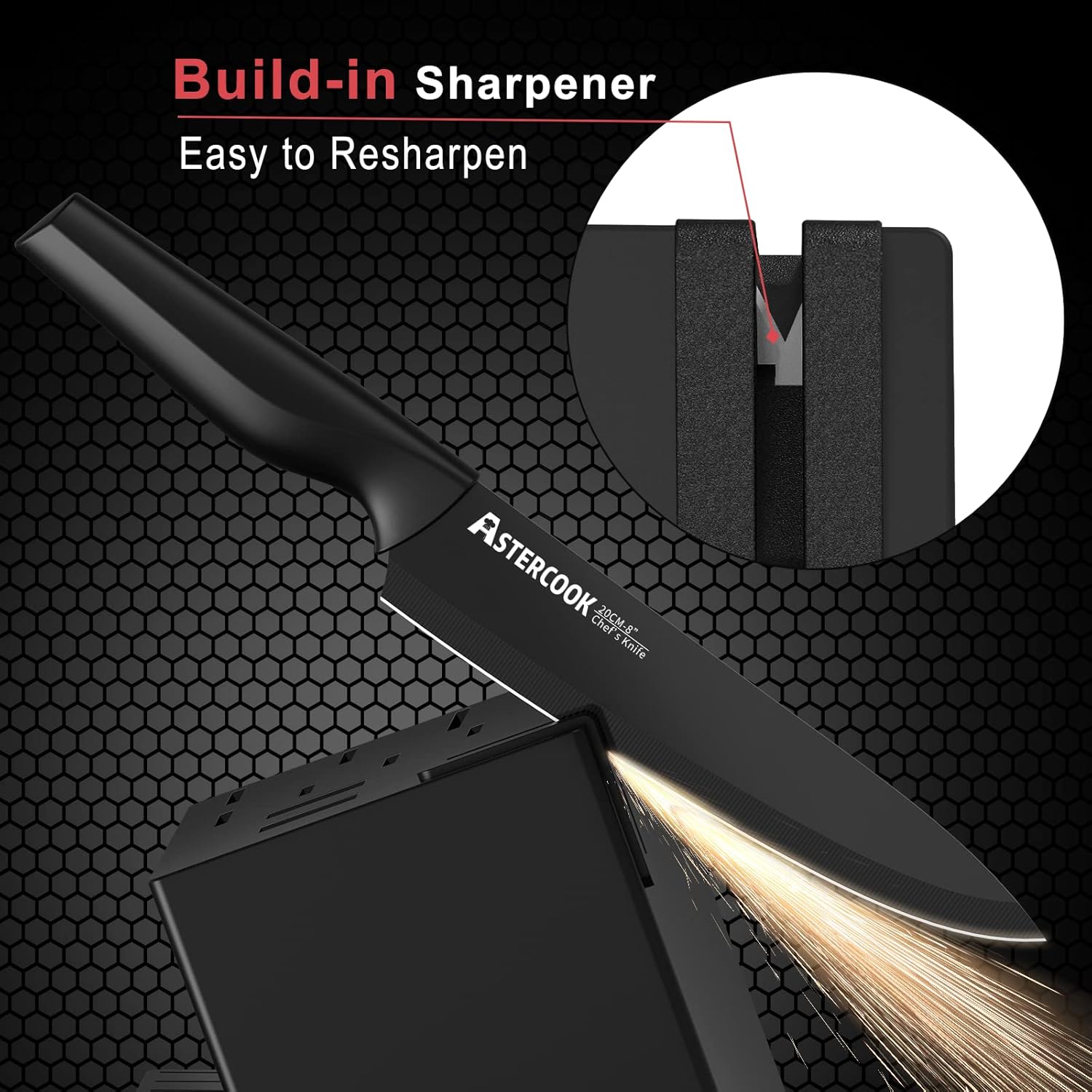 Knife Set with  back Knife Set, Astercook 21 Pieces Knife Sets for Kitchen with Block, Dishwasher Safe Kitchen Knife Set with Built-in Sharpener, German Stainless Steel Black Knife Block Set Visit the Astercook Store