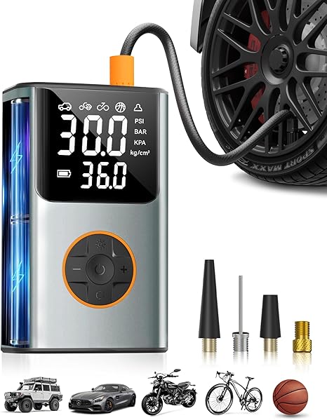 Tire Inflator Portable Air Compressor, Bike Pump, 150PSI Air Pump for Car Tires with LCD Dual Screen and Digital Tire Pressure Gauge, Air Compressor for Bicycle, Motorcycle, Compact Car, Ball