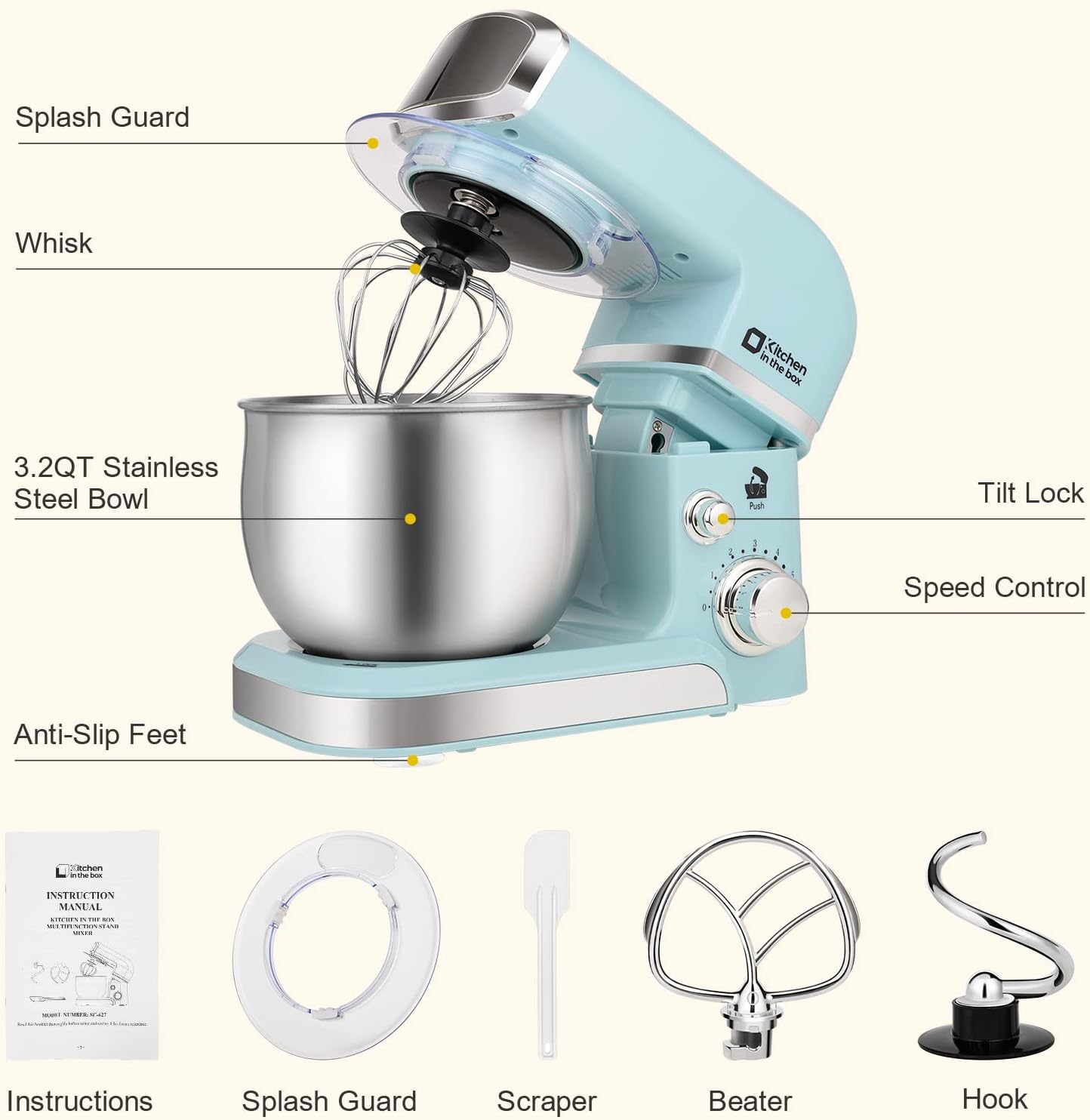 Kitchen Stand Mixer Kitchen in the box Stand Mixer,3.2Qt Small Electric Food Mixer,6 Speeds Portable Lightweight Kitchen Mixer for Daily Use with Egg Whisk,Dough Hook,Flat Beater (Blue)