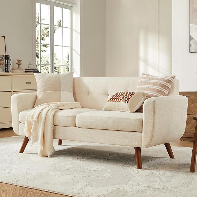 Modern Beige Sofa Tbfit 65" W Loveseat Sofa, Mid Century Modern Decor Love Seat Couches for Living Room, Button Tufted Upholstered Small Couch for Bedroom, Solid and Easy to Install Love Seats Furniture, Beige