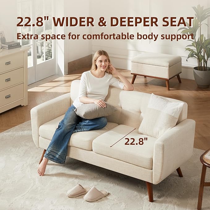 Modern Beige Sofa Tbfit 65" W Loveseat Sofa, Mid Century Modern Decor Love Seat Couches for Living Room, Button Tufted Upholstered Small Couch for Bedroom, Solid and Easy to Install Love Seats Furniture, Beige