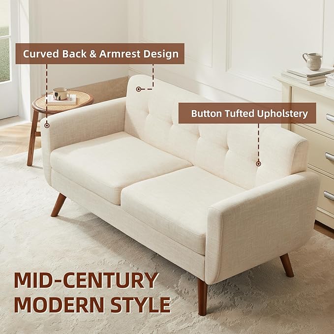 Modern Beige Sofa Tbfit 65" W Loveseat Sofa, Mid Century Modern Decor Love Seat Couches for Living Room, Button Tufted Upholstered Small Couch for Bedroom, Solid and Easy to Install Love Seats Furniture, Beige