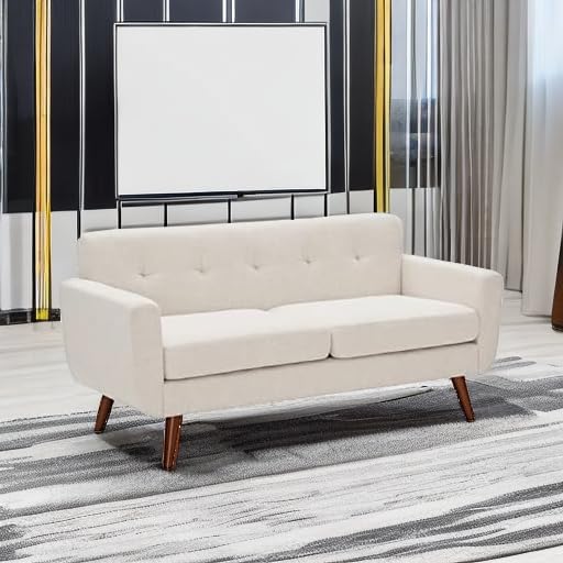 Modern Beige Sofa Tbfit 65" W Loveseat Sofa, Mid Century Modern Decor Love Seat Couches for Living Room, Button Tufted Upholstered Small Couch for Bedroom, Solid and Easy to Install Love Seats Furniture, Beige