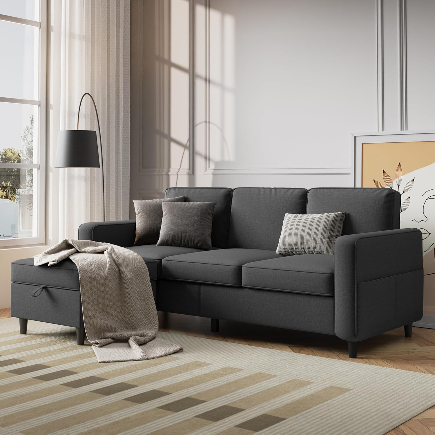 Modern Sectional SofaSectional Sofa Couches for Living Room - 78'' Dark Grey 3 Seat L-Shaped Couch with Storage Ottoman, Modern Linen Convertible Sectionals Sofas with Chaise for Apartment, Office, Small Space