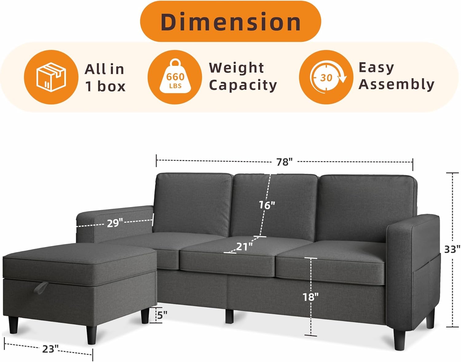 Modern Sectional SofaSectional Sofa Couches for Living Room - 78'' Dark Grey 3 Seat L-Shaped Couch with Storage Ottoman, Modern Linen Convertible Sectionals Sofas with Chaise for Apartment, Office, Small Space