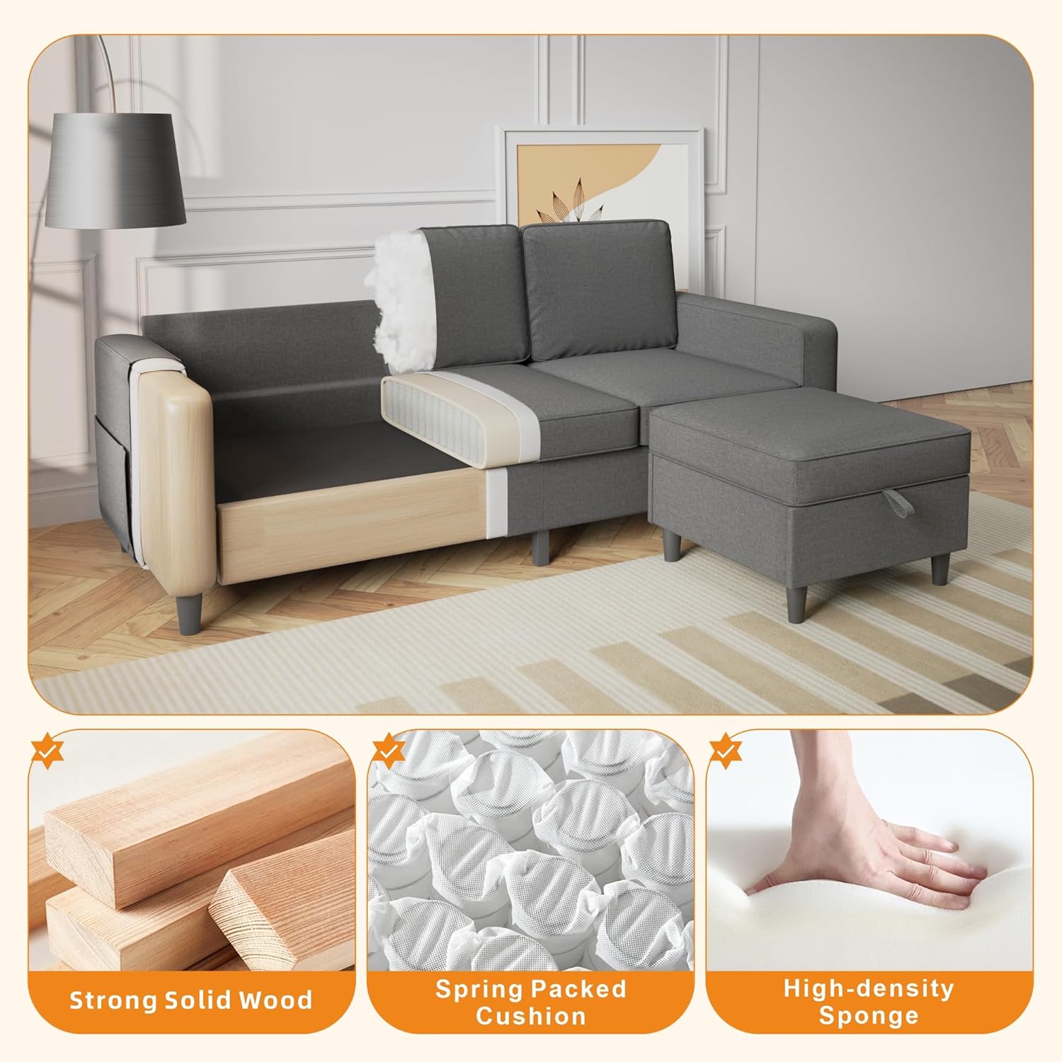 Modern Sectional SofaSectional Sofa Couches for Living Room - 78'' Dark Grey 3 Seat L-Shaped Couch with Storage Ottoman, Modern Linen Convertible Sectionals Sofas with Chaise for Apartment, Office, Small Space