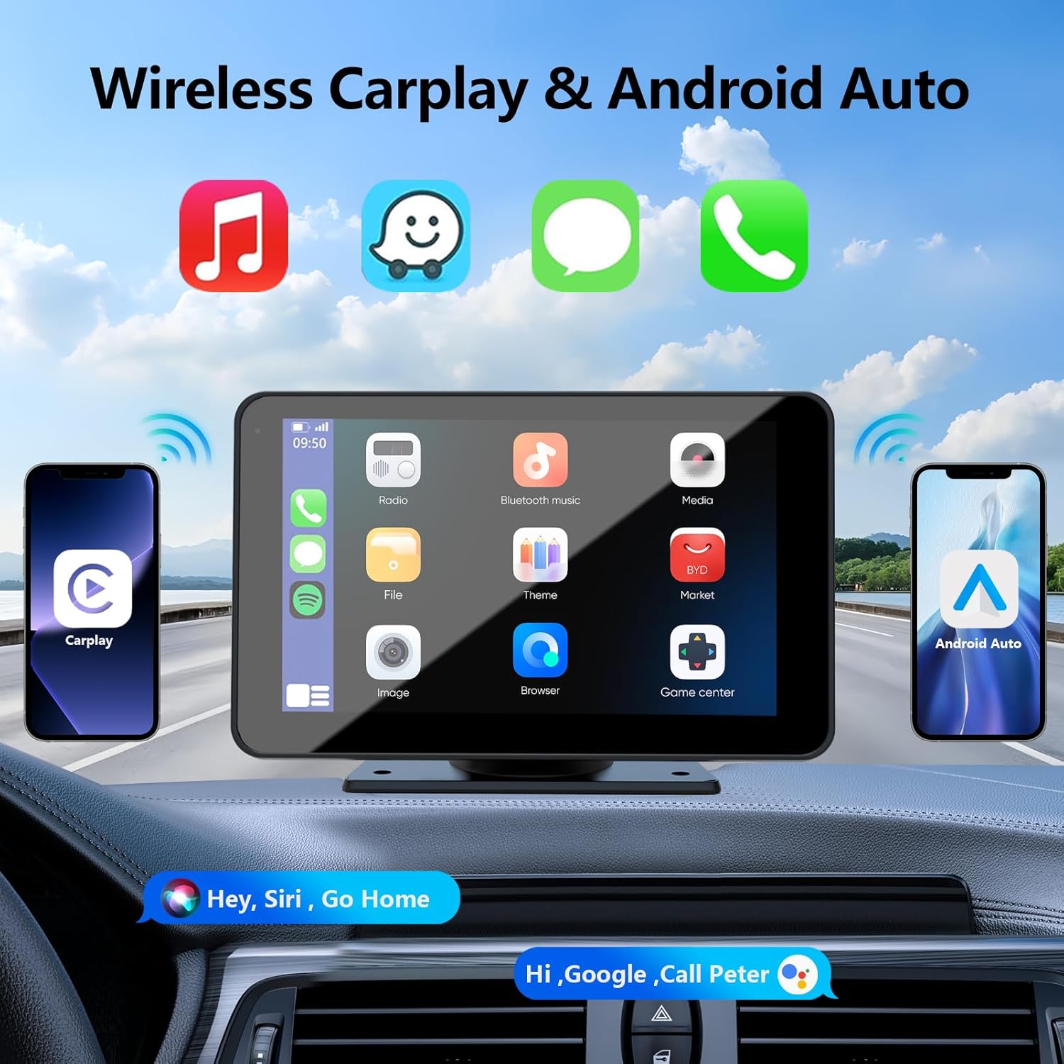 Wireless CarPlay & Android Auto Apple Carplay Screen for Car, 7" HD Portable Car Stereo Touch Screen with Wireless Android Auto, Backup Camera, Car Audio Receivers with Voice Control, Mirror Link, Bluetooth, GPS Navigation