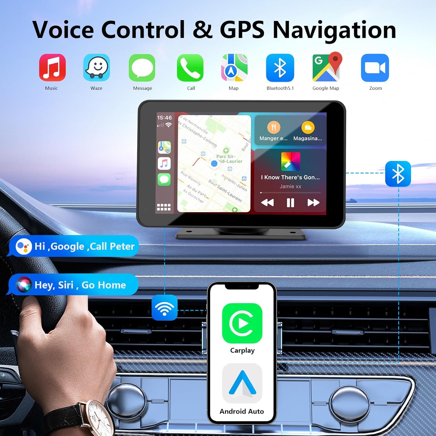 Wireless CarPlay & Android Auto Apple Carplay Screen for Car, 7" HD Portable Car Stereo Touch Screen with Wireless Android Auto, Backup Camera, Car Audio Receivers with Voice Control, Mirror Link, Bluetooth, GPS Navigation