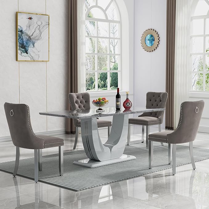 Modern Dining Table Set 5-Piece Faux Marble Dining Table Set,70" Modern Grey Kitchen Table Chairs Set for 4,Rectangular Dining Room Table and 4 Velvet Chairs for Kitchen and Living Room Furniture