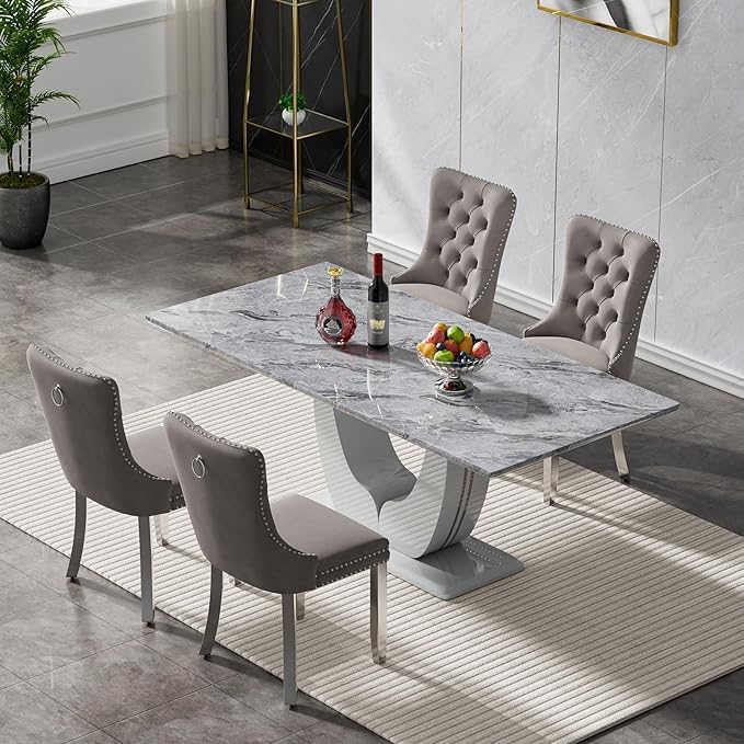 Modern Dining Table Set 5-Piece Faux Marble Dining Table Set,70" Modern Grey Kitchen Table Chairs Set for 4,Rectangular Dining Room Table and 4 Velvet Chairs for Kitchen and Living Room Furniture