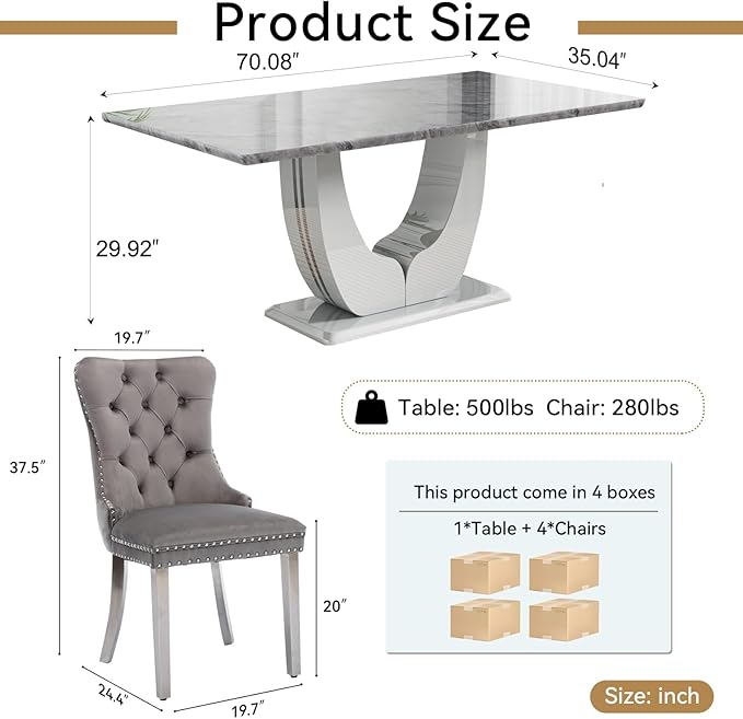 Modern Dining Table Set 5-Piece Faux Marble Dining Table Set,70" Modern Grey Kitchen Table Chairs Set for 4,Rectangular Dining Room Table and 4 Velvet Chairs for Kitchen and Living Room Furniture