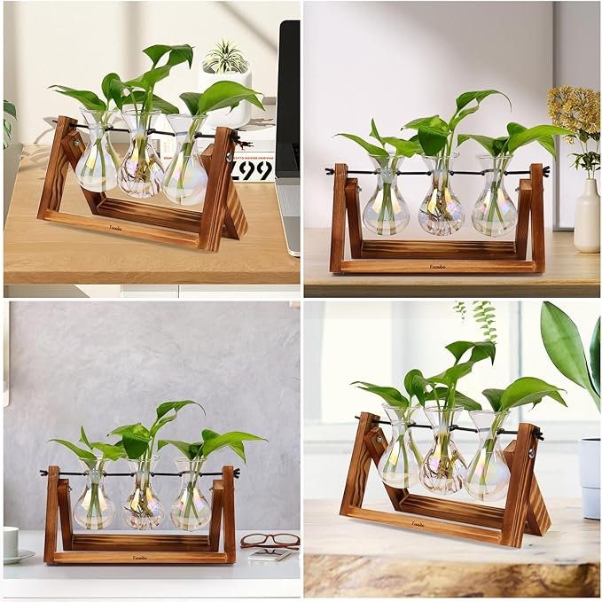 XXXFLOWER Plant Terrarium with Wooden Stand, Air Planter Bulb Glass Vase Metal Swivel Holder Retro Tabletop for Hydroponics Home Garden Office Decoration - 3 Bulb Vase