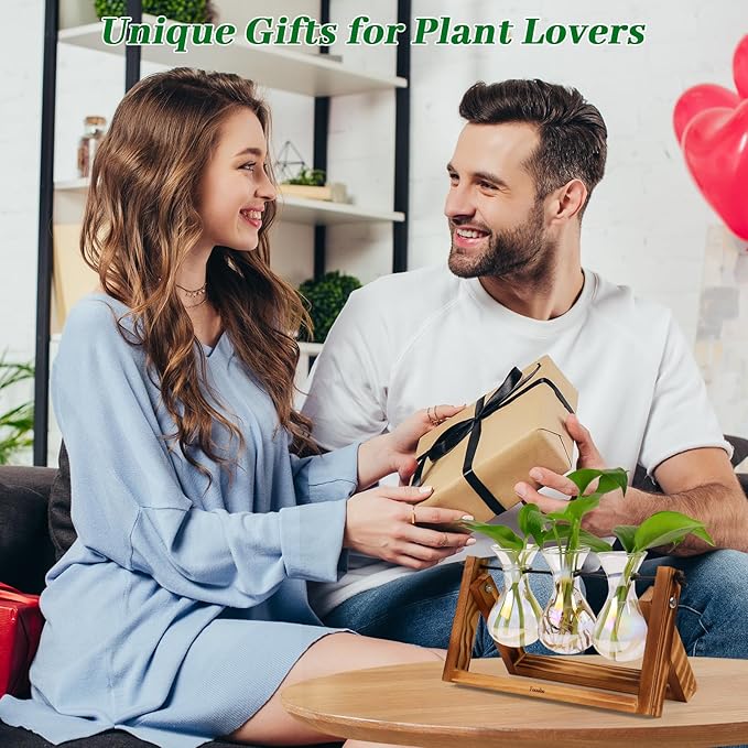 XXXFLOWER Plant Terrarium with Wooden Stand, Air Planter Bulb Glass Vase Metal Swivel Holder Retro Tabletop for Hydroponics Home Garden Office Decoration - 3 Bulb Vase