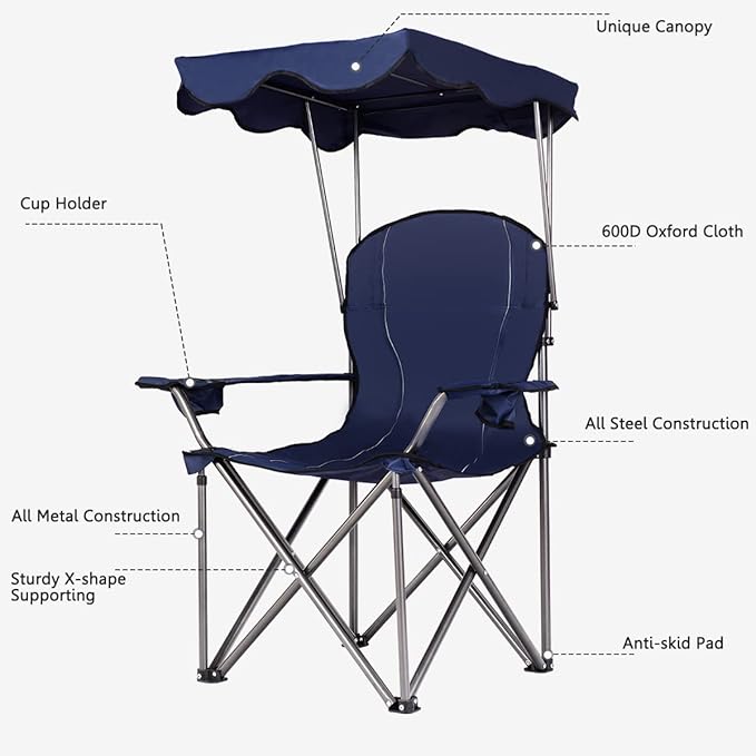 Outdoor Folding Chair with Canopy GYMAX Camping Chair, Folding Outdoor Lawn Chair with Canopy, Carry Bag & Cup Holder, Portable Heavy Duty Camp Chair for Outside Travel, Picnic, Beach Soccer Chairs