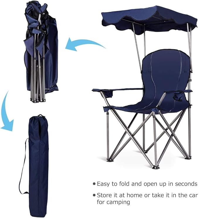Outdoor Folding Chair with Canopy GYMAX Camping Chair, Folding Outdoor Lawn Chair with Canopy, Carry Bag & Cup Holder, Portable Heavy Duty Camp Chair for Outside Travel, Picnic, Beach Soccer Chairs