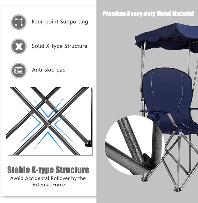 Outdoor Folding Chair with Canopy GYMAX Camping Chair, Folding Outdoor Lawn Chair with Canopy, Carry Bag & Cup Holder, Portable Heavy Duty Camp Chair for Outside Travel, Picnic, Beach Soccer Chairs