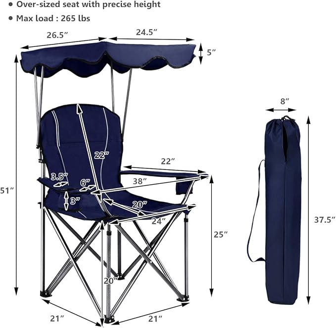 Outdoor Folding Chair with Canopy GYMAX Camping Chair, Folding Outdoor Lawn Chair with Canopy, Carry Bag & Cup Holder, Portable Heavy Duty Camp Chair for Outside Travel, Picnic, Beach Soccer Chairs