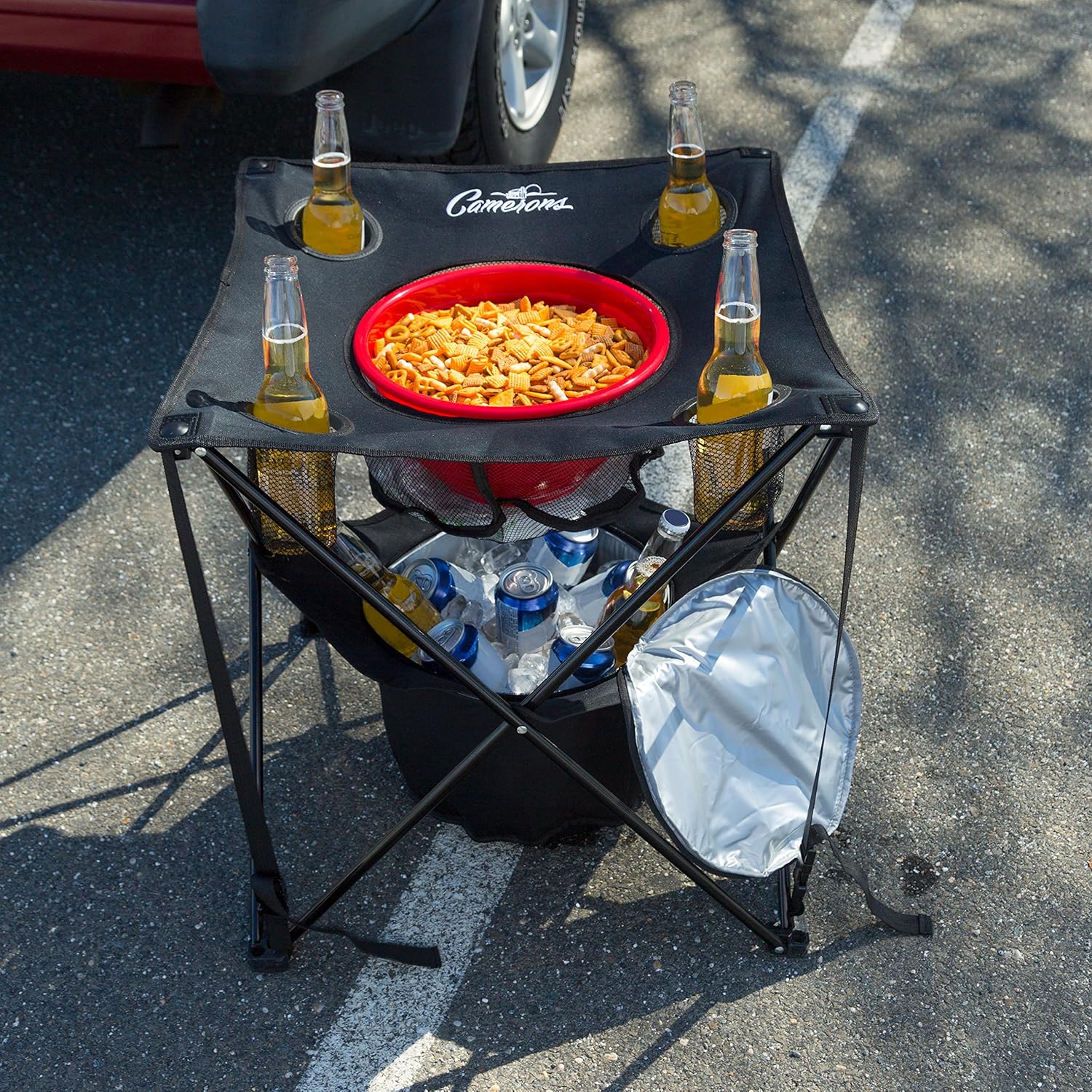 Portable Tailgating Table Camerons All-in-One Tailgating Table - Collapsible Folding Camping Table with Insulated Cooler, Mesh Food Basket and Travel Bag for Barbecues, Camping, The Beach, Tailgate Parties - Cookout Essentia