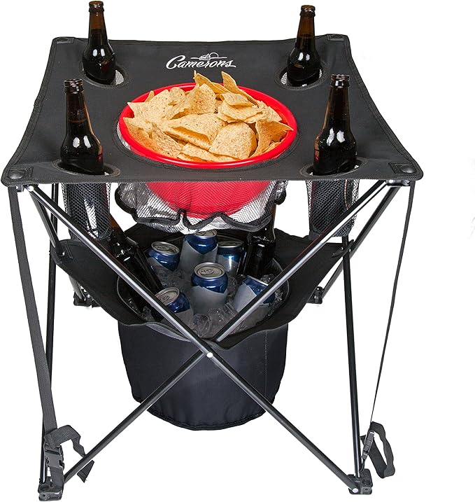 Portable Tailgating Table Camerons All-in-One Tailgating Table - Collapsible Folding Camping Table with Insulated Cooler, Mesh Food Basket and Travel Bag for Barbecues, Camping, The Beach, Tailgate Parties - Cookout Essentia