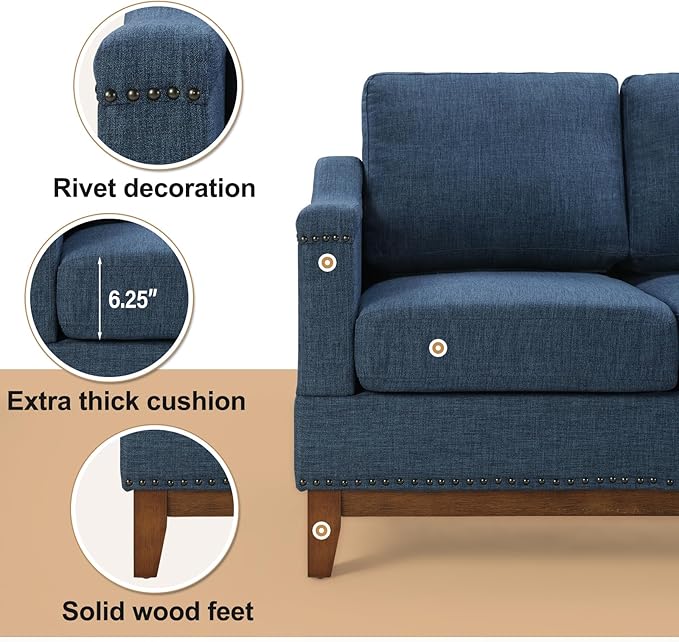 4-Piece Living Room Sofa Set with Coffee Table, Vintage Rivet Couch Sets with Solid Wood Legs, Chenille Sofas Furniture of Ottoman with Storage Space, Armchair, Loveseat and 3-Seat Sofa