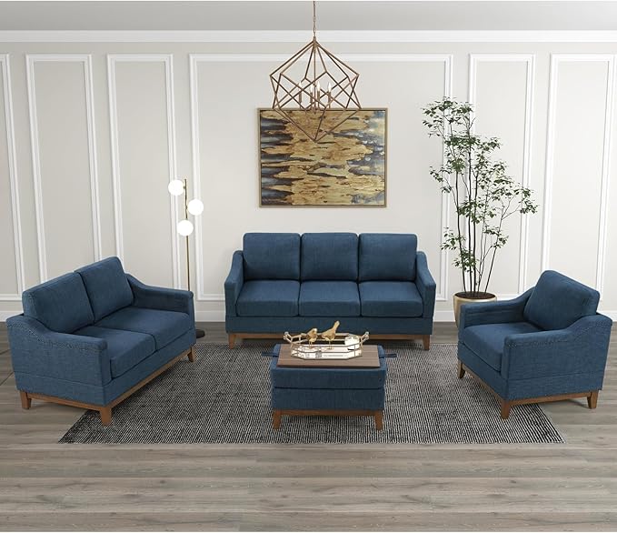 4-Piece Living Room Sofa Set with Coffee Table, Vintage Rivet Couch Sets with Solid Wood Legs, Chenille Sofas Furniture of Ottoman with Storage Space, Armchair, Loveseat and 3-Seat Sofa