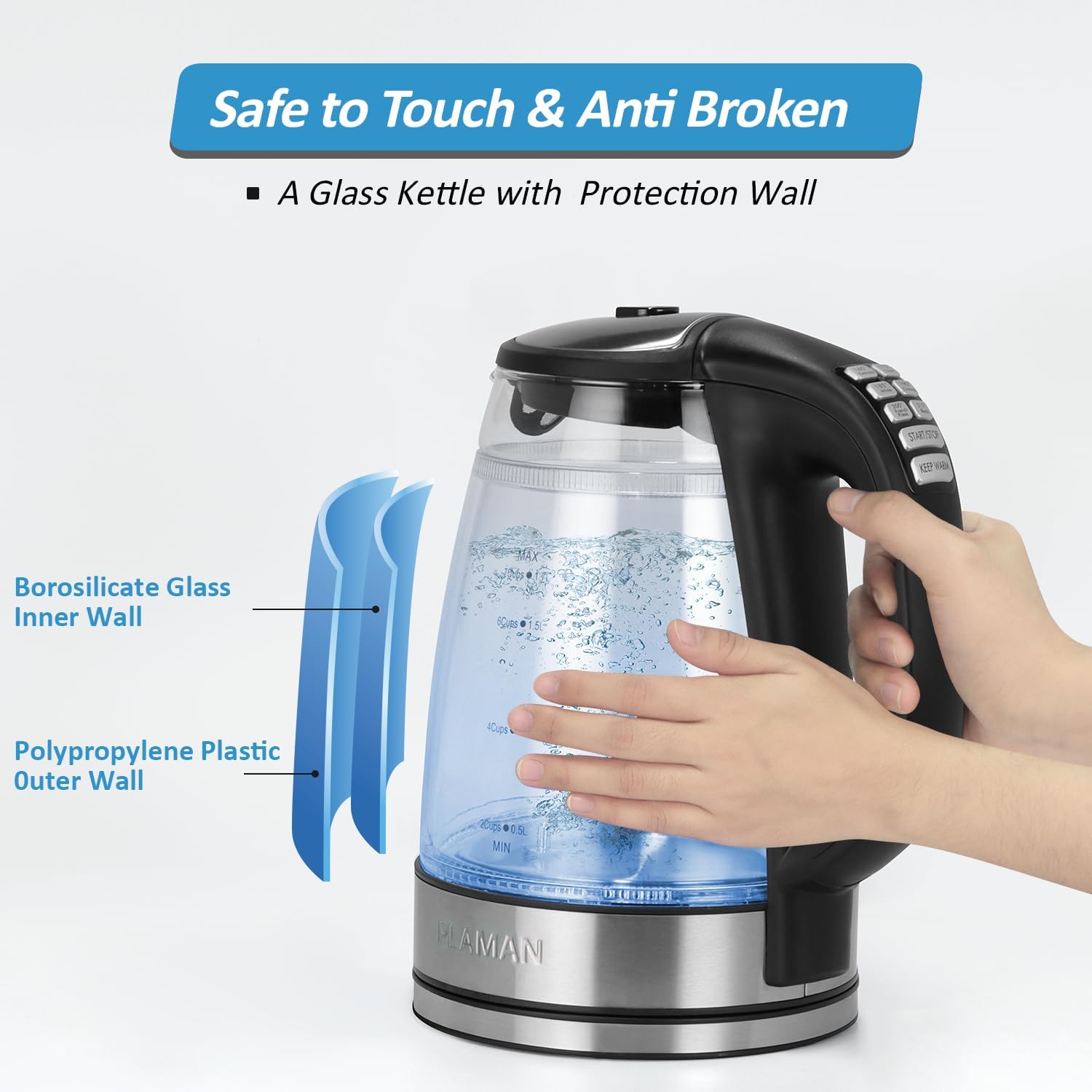 Glass Electric Kettle Plaman Electric Kettle Temperature Control - Keep Warm Hot Water Boiler, Double Wall Tea kettle for Boiling Water 6 Presets 1500W 4 Hours 1.7L LED Auto Shut Off Cordless