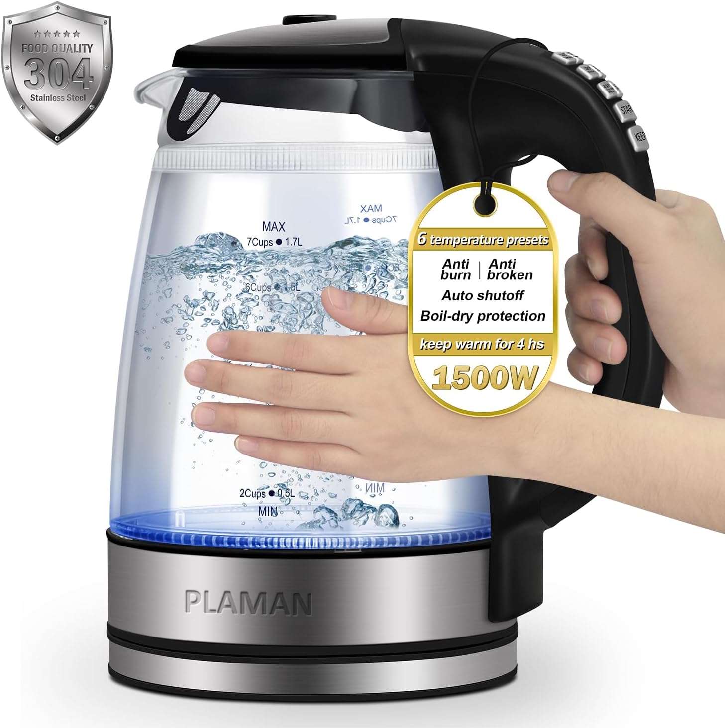 Glass Electric Kettle Plaman Electric Kettle Temperature Control - Keep Warm Hot Water Boiler, Double Wall Tea kettle for Boiling Water 6 Presets 1500W 4 Hours 1.7L LED Auto Shut Off Cordless