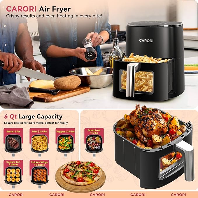 Air Fryer 12 Preset with Viewing Window, 6Qt Large Capacity, 400℉ Max Crisp, Airfryer, Bake, Roast, Dehydrate, Reheat, 1700W Quick Even Easy Meals, Nonstick Dishwasher Safe Bask