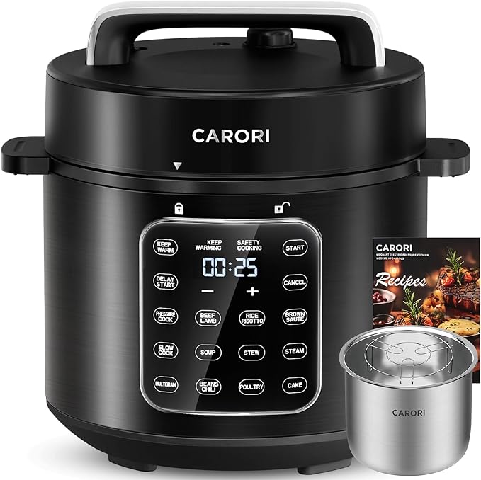 9-in-1 Electric Pressure Cooker 6 Qt, Stainless Steel Inner Pot, Programmable 12 Multi-Function Cooker with Safe Vent Design, Rice Cook, Slow Cook, Sous Vide, Sauté, Warmer & Sterilizer, Black