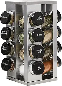 Spice Rack Organizer Kamenstein 16 Jar Heritage Revolving Countertop Spice Rack Organizer with Spices Included, FREE Spice Refills for 5 years, Brushed Stainless Steel with Black Caps