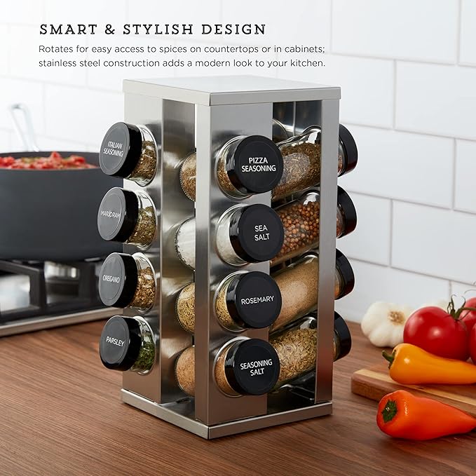 Spice Rack Organizer Kamenstein 16 Jar Heritage Revolving Countertop Spice Rack Organizer with Spices Included, FREE Spice Refills for 5 years, Brushed Stainless Steel with Black Caps