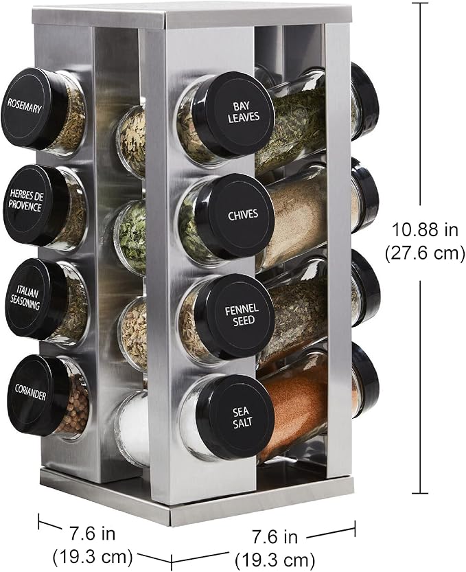 Spice Rack Organizer Kamenstein 16 Jar Heritage Revolving Countertop Spice Rack Organizer with Spices Included, FREE Spice Refills for 5 years, Brushed Stainless Steel with Black Caps
