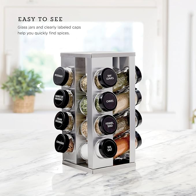 Spice Rack Organizer Kamenstein 16 Jar Heritage Revolving Countertop Spice Rack Organizer with Spices Included, FREE Spice Refills for 5 years, Brushed Stainless Steel with Black Caps