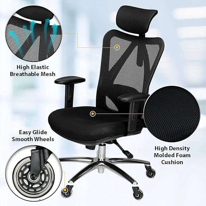 Ergonomic Office Chair Ergonomic Office Chair - Adjustable High-Back Desk Chair with Lumbar Support, Rollerblade Wheels, Breathable Mesh, Thick Seat Cushion, Headrest Armrests - Reclining Executive Computer Home Chair
