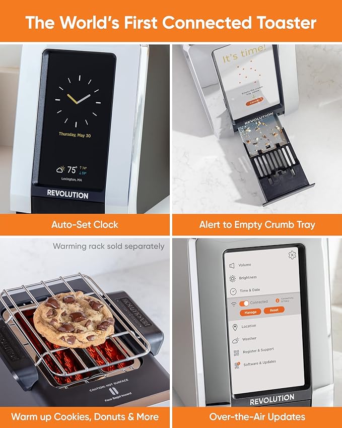 Revolution Smart Toaster Revolution R180 Connect S High-Speed Touchscreen Toaster, 2-Slice Smart Toaster with Patented InstaGLO Technology, Wi-Fi Connectivity, Weather Widget, and Over-the-Air Updates, Stainless Steel