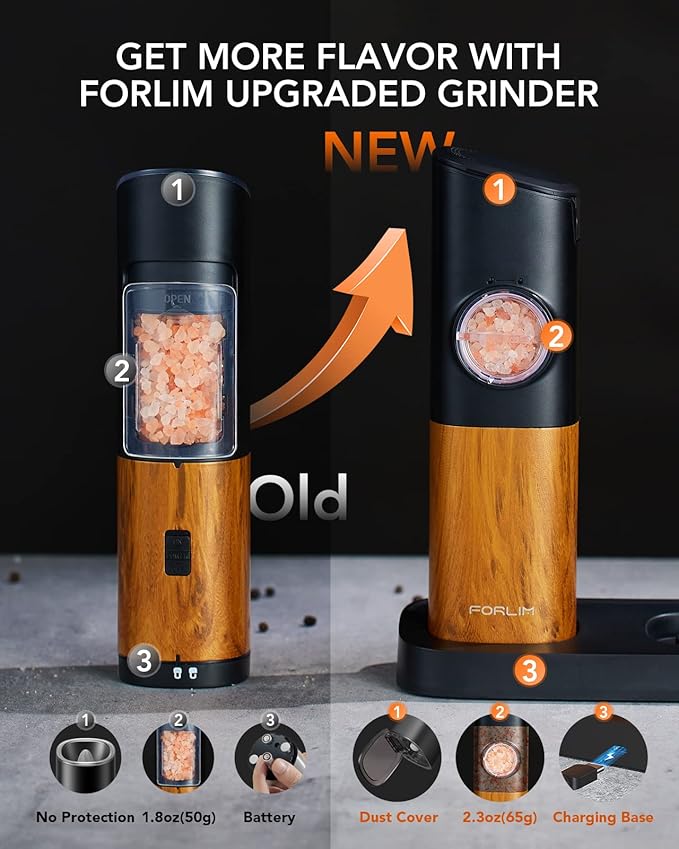 FORLIM Gravity Electric Salt and Pepper Grinder Set, Upgraded Large Capacity, USB Rechargeable Pepper grinder Automatic One Hand Operated, Adjustable Coarseness with LED Light（Natural Wood Grain