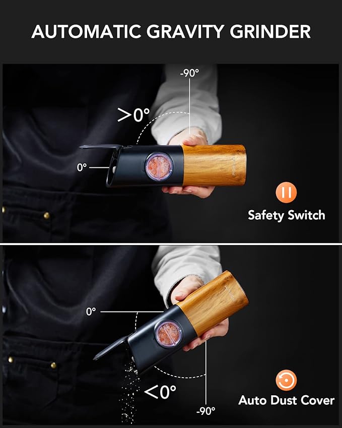 FORLIM Gravity Electric Salt and Pepper Grinder Set, Upgraded Large Capacity, USB Rechargeable Pepper grinder Automatic One Hand Operated, Adjustable Coarseness with LED Light（Natural Wood Grain