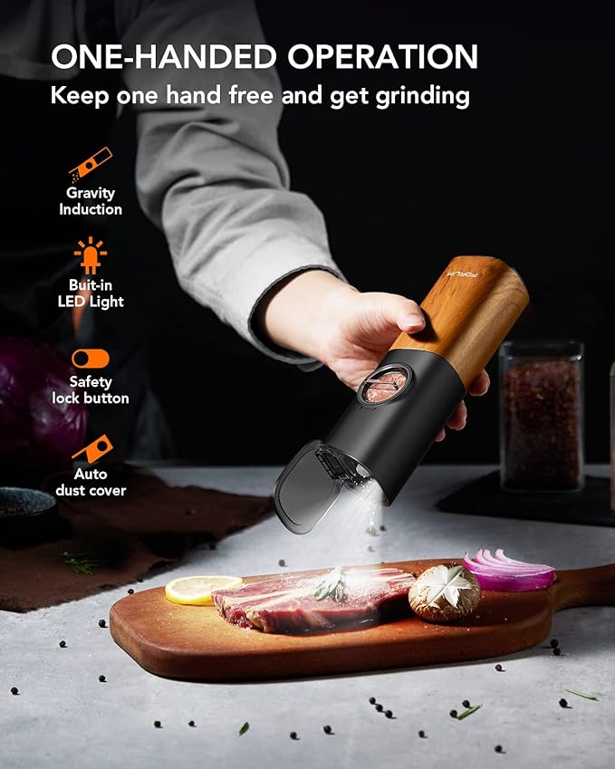 FORLIM Gravity Electric Salt and Pepper Grinder Set, Upgraded Large Capacity, USB Rechargeable Pepper grinder Automatic One Hand Operated, Adjustable Coarseness with LED Light（Natural Wood Grain