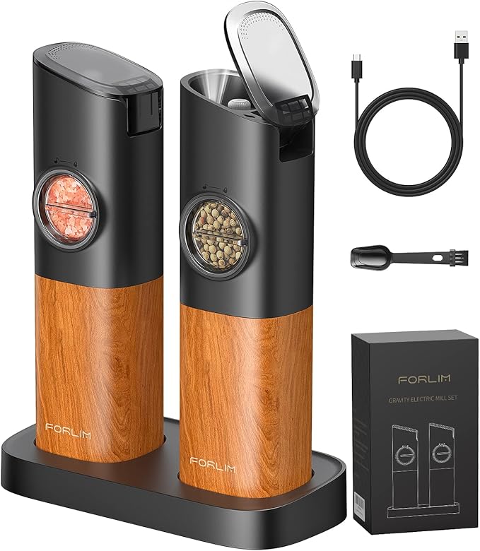 FORLIM Gravity Electric Salt and Pepper Grinder Set, Upgraded Large Capacity, USB Rechargeable Pepper grinder Automatic One Hand Operated, Adjustable Coarseness with LED Light（Natural Wood Grain